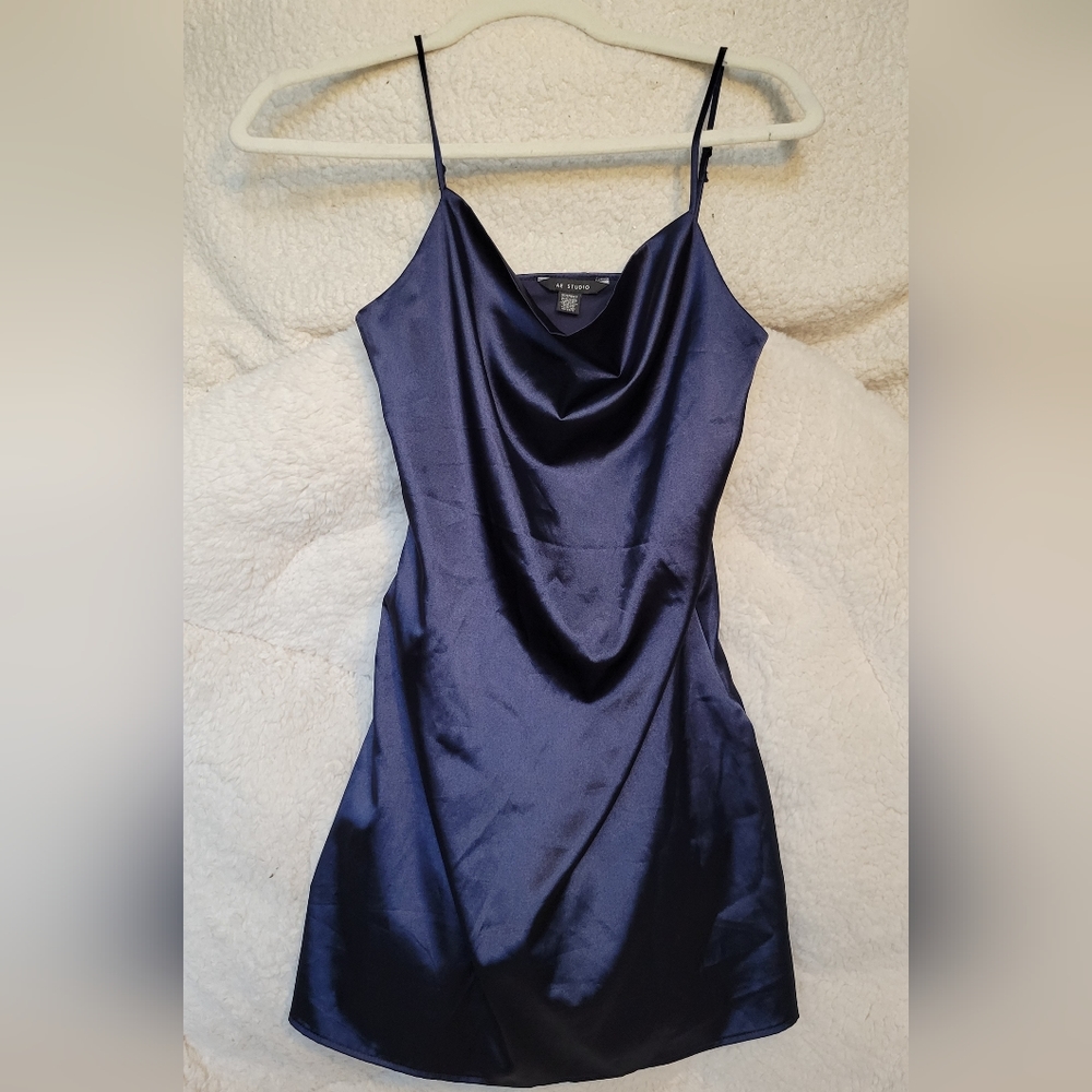 NWOT, American Eagle Outfitters Cowl Neck Dress, Satin, XS, Navy Blue